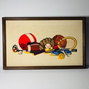 Framed‎ Sunset Stitcher All American Sports Embroidery Needlepoint Crewel VTG